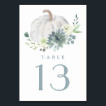 Vit Pumpkin-Elegant Succulent Fall Chic Bröllop Bordsnummer<br><div class="desc">Utformningen har en vit pumpa i eleganten med en elfenbensbukett med blommigt av eukalyptus grey,  sukulent inslag och mycket annat. Utformningen erbjuder ett alternativ till traditionell sen sommar- eller höstbröllopsbröllopsbröllopsresenär färg. Införliva den här paletten från färg i evenemanget för en modern elegant.</div>