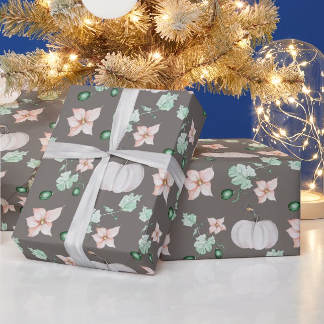 Vit Pumpkin och Flowers Watercolor Art Mönster Presentpapper (Helgdagar)