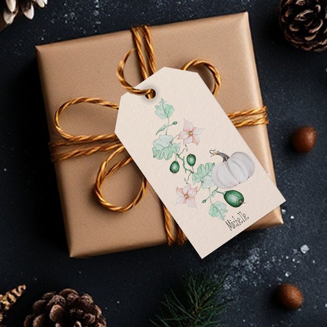 Vit Pumpkin och Flowers Watercolor Art Presentetikett (Skapare uppladdad)