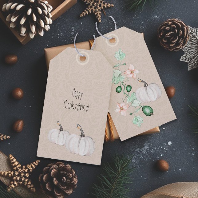 Vit Pumpkin och Flowers Watercolor Art Presentetikett (Skapare uppladdad)