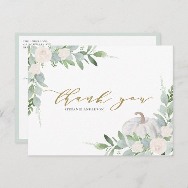 Vit Pumpkin och Greenery Autumn Tack Vykort (Fram/baksida)