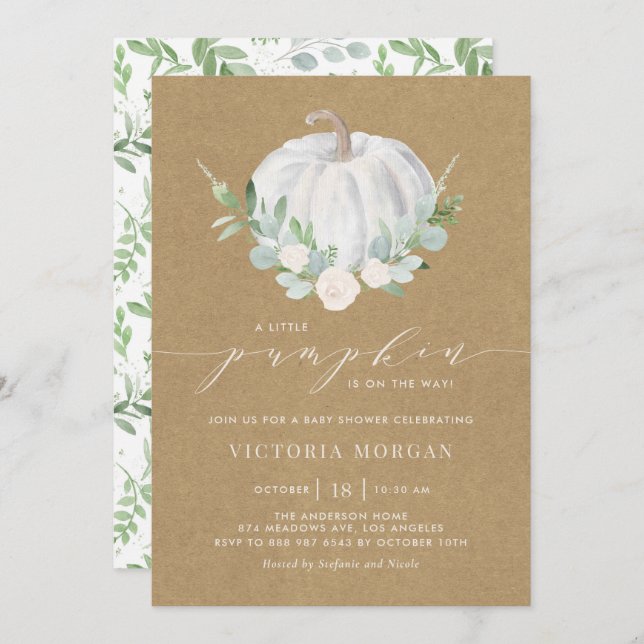 Vit Pumpkin Rustic Kraft Papper Fall Baby Shower Inbjudningar (Fram/baksida)