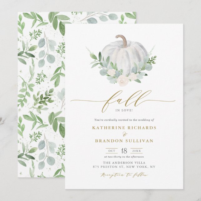 Vit Pumpkin Wandebrenery Fall Wedding Inbjudningar (Fram/baksida)