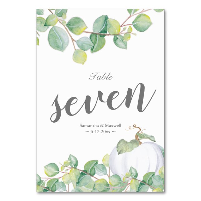 Vit Pumpor Eukalyptus Bröllops Bord Nummer Bordsnummer (Framsidan)