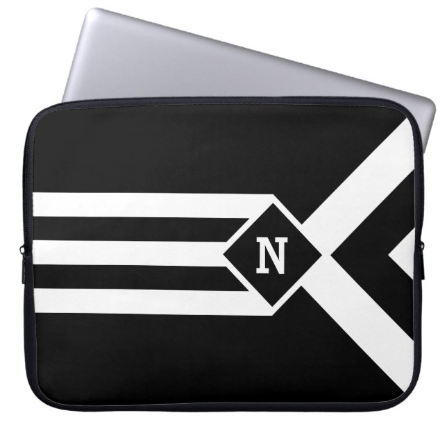 Vit Rand och Chevrons on Black med Monogram Laptop Fodral (Framsidan)