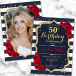 Vit Rand Röd ros Foto 50:e födelsedagen Inbjudningar<br><div class="desc">Femininininbjudan till elegantens blommigt på 50 års födelsedag med ditt foto på baksidan av kortet. Glam marinvit röd design med faux glitter guld. Med marinblått och vitt rand, röd ros, typsnitt och konetti. Perfekt för en snyggt vuxen under firande party. Anpassa med dina egna detaljer. Kan anpassas för vilken ålder...</div>