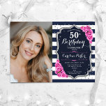 Vit Rand Silver Rosa Foto 50:e födelsedagen Inbjudningar<br><div class="desc">Elegant femininin 50-årsinbjudan med ditt foto. Glam-marinens vita rosa med faux glitter silver. Med marinblått och vitt rand, rosa ros, typsnitt och konetti. Perfekt för en snyggt vuxen under firande party. Anpassa med dina egna detaljer. Kan anpassas för vilken ålder som helst! Skrivna Zazzle-inbjudningar eller digital utskrivbar mall för omedelbar...</div>