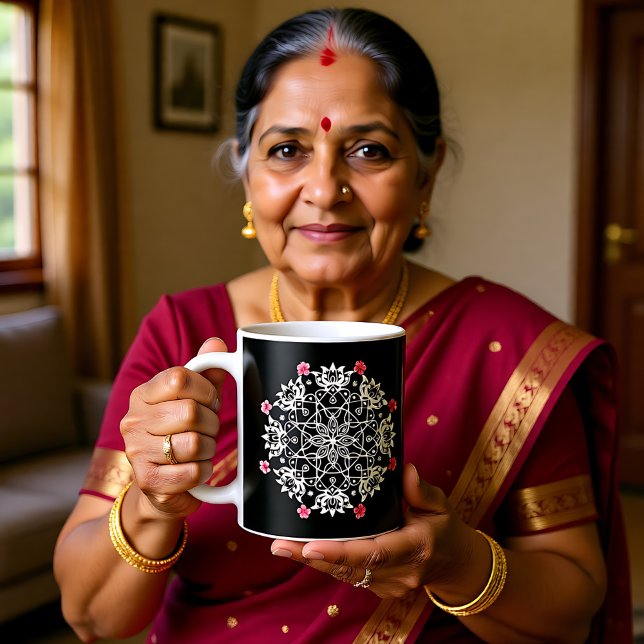 Vit Rangoli med hibiscus Kaffemugg (White Rangoli with hibiscus Coffee Mug)