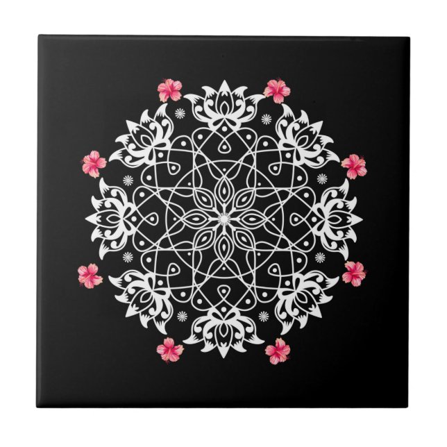 Vit Rangoli med hibiscus Kakelplatta (Framsidan)