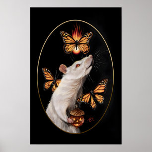 Vit råtta med monarkfjärilar gotisk hem poster