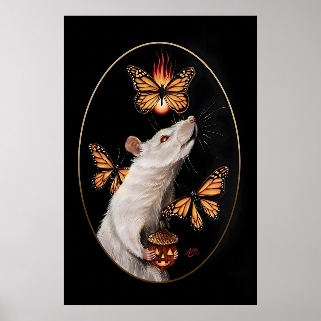 Vit råtta med monarkfjärilar gotisk hem poster (Framsidan)