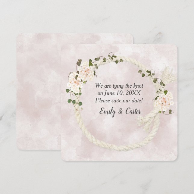 Vit rep med hortensiablomsterbuketter spara datumet (Fram/baksida)