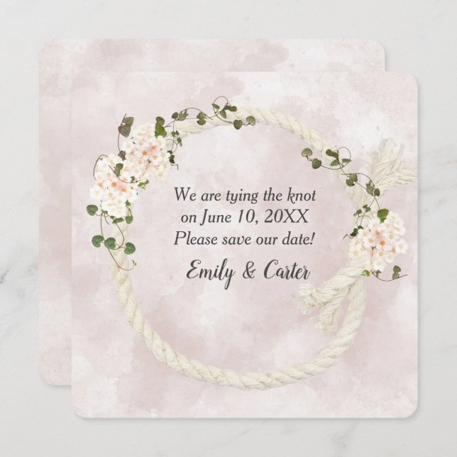 Vit rep med hydrangeabuketter spara datumet (Fram/baksida)