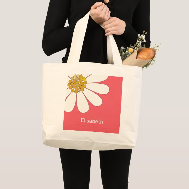 Vit Retro-Daisy - blomma anpassa Namn Jumbo Tygkasse (Framsida (produkt))