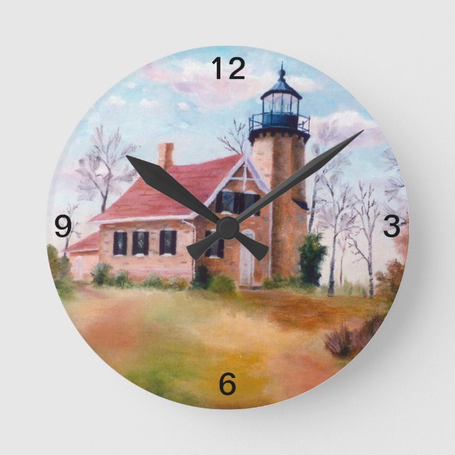 Vit River Lighthouse Wall Clock Rund Klocka (Framsida)