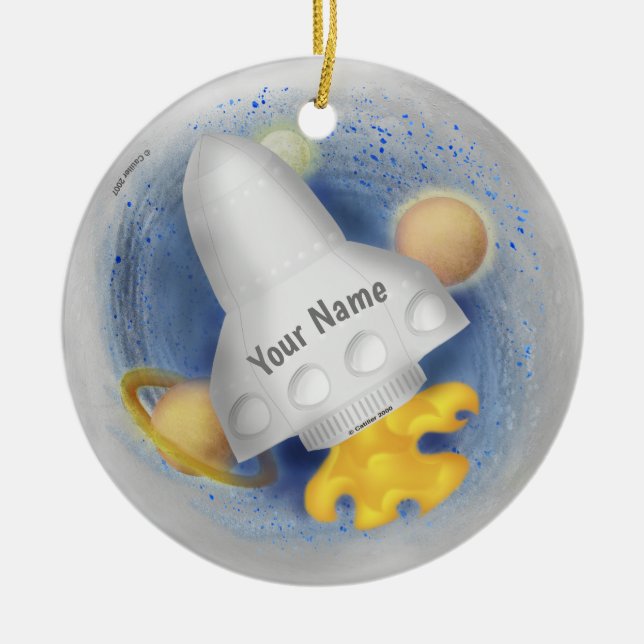 Vit Rocketship Julgransprydnad Keramik (Framsidan)