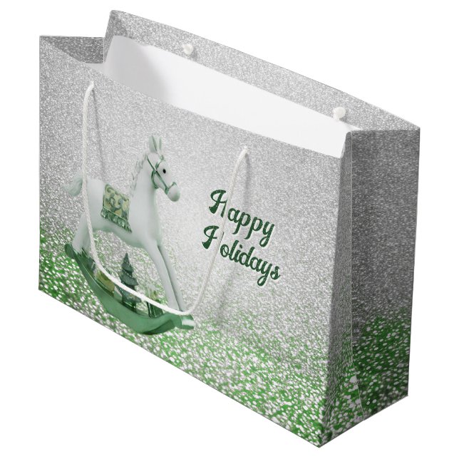 Vit Rocking Horse Grönt Helgdag jul (Framsidan Vinklad)