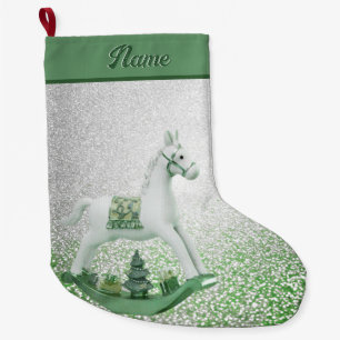 Vit Rocking Horse Grönt Helgdag jul Stor Julstrumpa