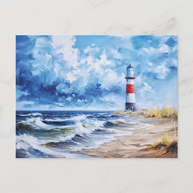 Vit röd fyr vid Östersjöns kust. Konst Vykort (Framsida)