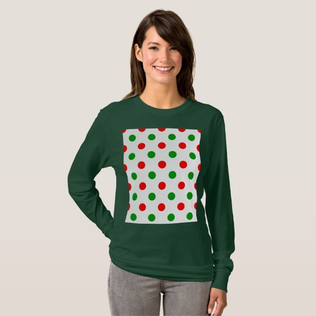 Vit Röd Grön Prickig Design  T Shirt (Hel framsida)