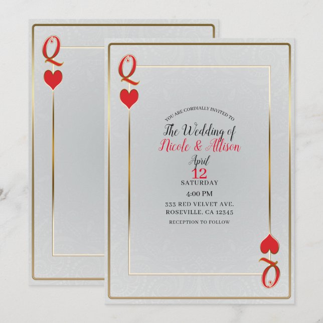 Vit & Röd Guld Hjärtans Drottning Elegant Bröllop Inbjudningar (Fram/baksida)