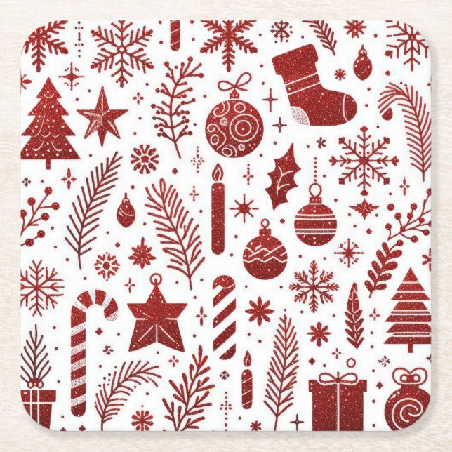 Vit Röd Jul Pappers Coaster Underlägg Papper Kvadrat (Framsidan)