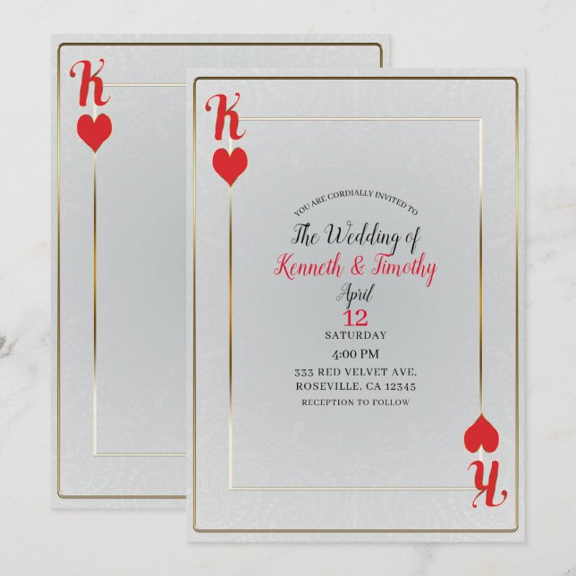 Vit & Röd Kung av Hjärter Kort Elegant Bröllop (Fram/baksida)