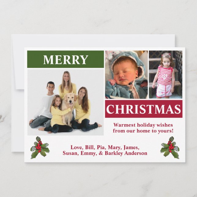Vit, röd och grön modern julkort med 3 bilder (Framsida)