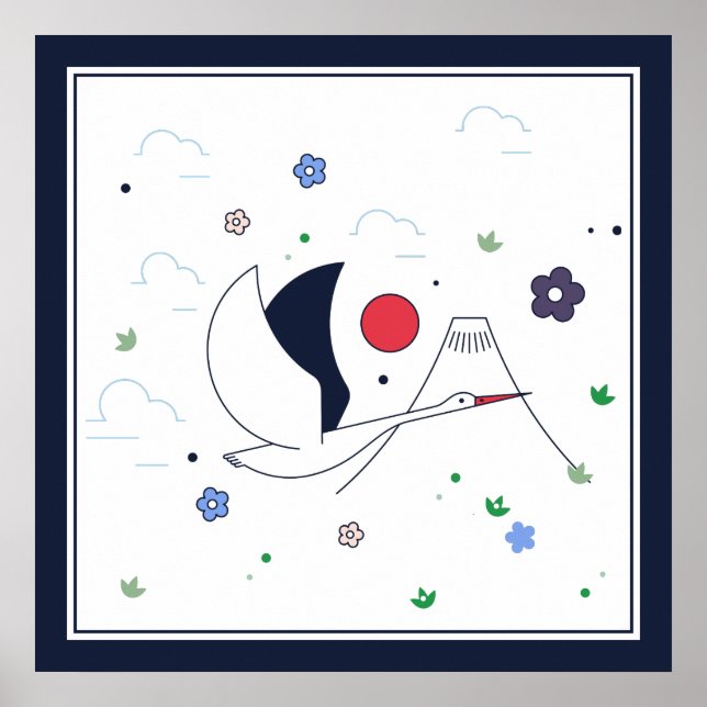 Vit, röd och Mörk-blå Abstrakt Flygande kran Poster (Framsidan)