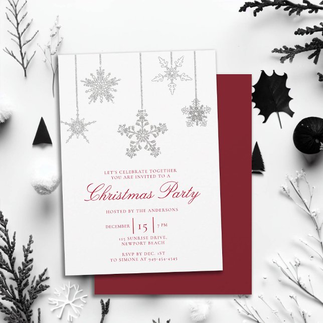 Vit röd Rhinestone Snowflake Sparkles Jul Inbjudningar (rhinestones glitter christmas party invitation elegant black white red modern minimalist classy chic)
