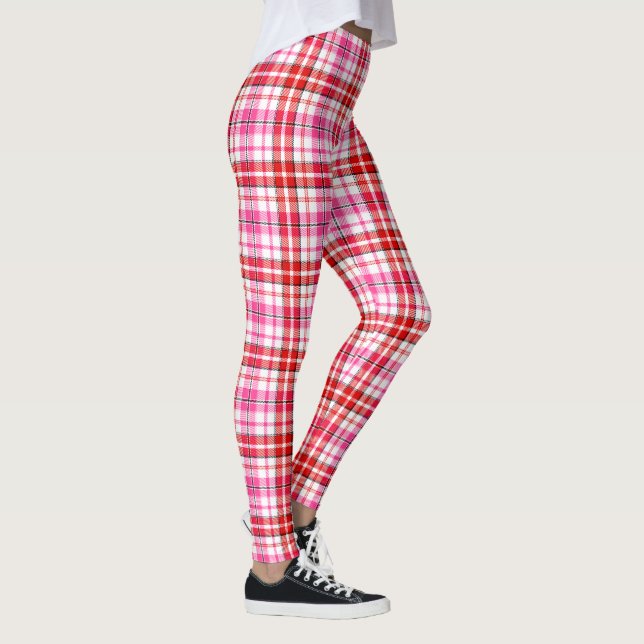 Vit röd rosa rutig Tartan-design  Leggings (Höger)