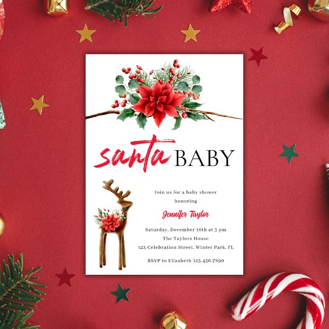 Vit röd Santa Baby jul, hälsad babystövel Inbjudningar (Greenery Red Santa Baby Christmas Baby Shower Invitation)