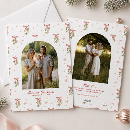Vit Röd Slinga Grönska Familjefoto Jul Julkort