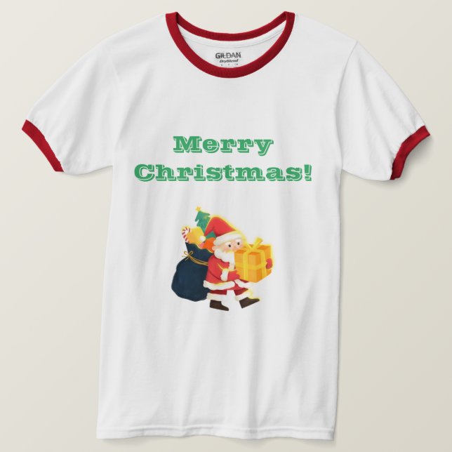 Vit/Röd Tryckt Ringer med God Jul önskningar T Shirt (Design framsida)