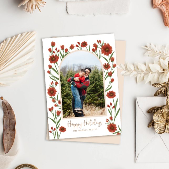 Vit rödblommor Boho Arched Photo Helgdag Card Julkort (Skapare uppladdad)