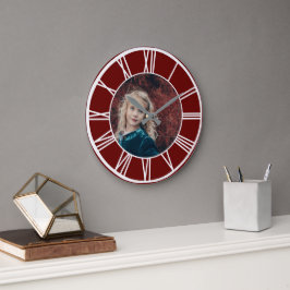 Vit romersk Numeral Gräns Mörk Red Photo Round Stor Klocka