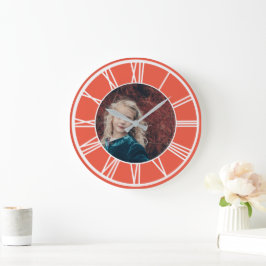 Vit romersk Numeral Gräns Orange Red Photo Round Stor Klocka