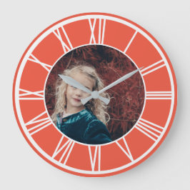 Vit romersk Numeral Gräns Orange Red Photo Round Stor Klocka