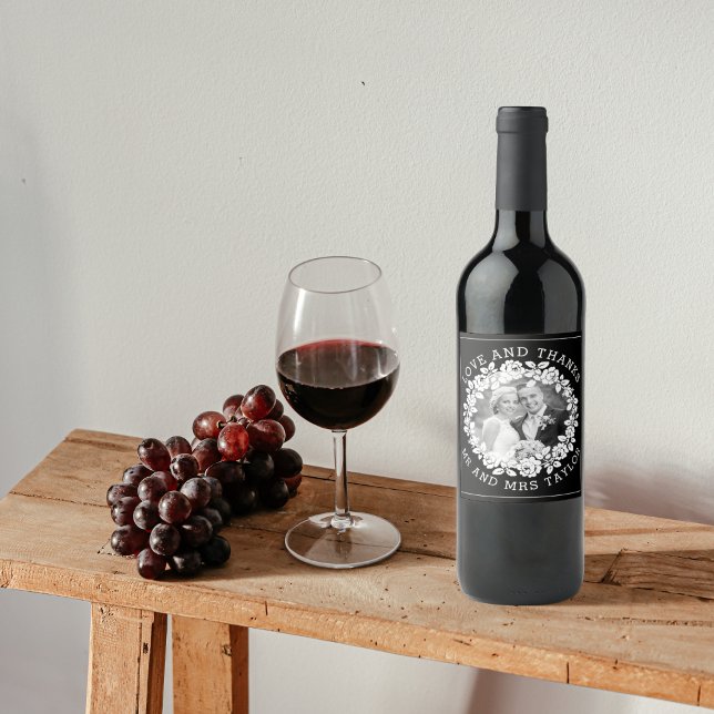 Vit ros-andedräkten Tack, herr & fru Photo bröllop Vinflaska Etikett (Skapare uppladdad)
