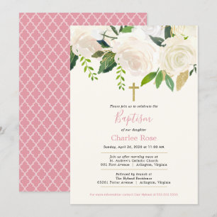 Vit ros Baby Baptism och Brunch Rosa och Grönt Inbjudningar