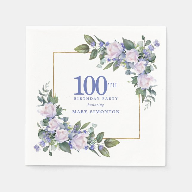 Vit Ros Blå Blommig Anpassad 100-årsfest Pappersservett (Framsidan)