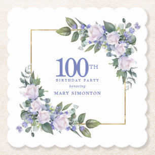 Vit Ros Blå Blommig Anpassad 100-årsfest Underlägg Papper