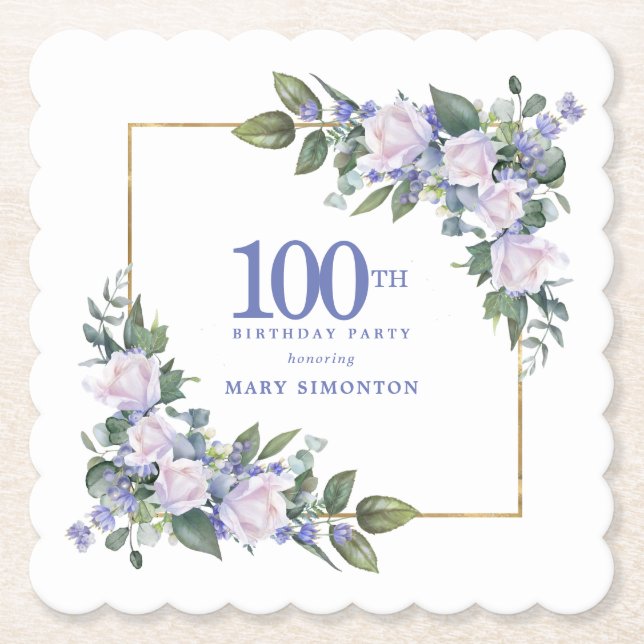 Vit Ros Blå Blommig Anpassad 100-årsfest Underlägg Papper (Framsida)