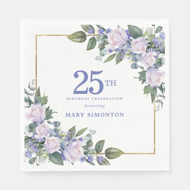 Vit Ros Blå Blommig Anpassad 25-årsfest Pappersservett (Framsidan)
