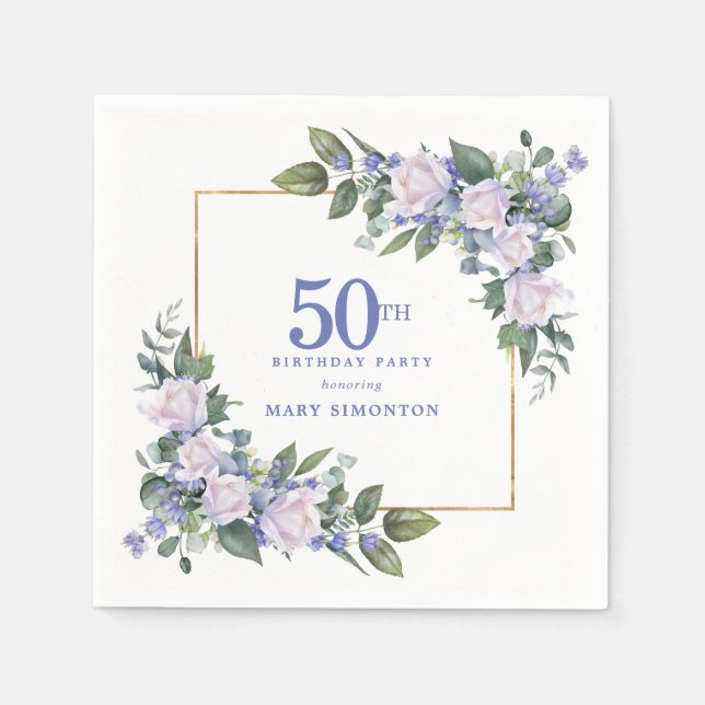 Vit Ros Blå Blommig Anpassad 50-årsfest Pappersservett (Framsidan)