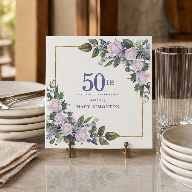 Vit Ros Blå Blommig Anpassad 50-årsfest Pappersservett (Skapare uppladdad)