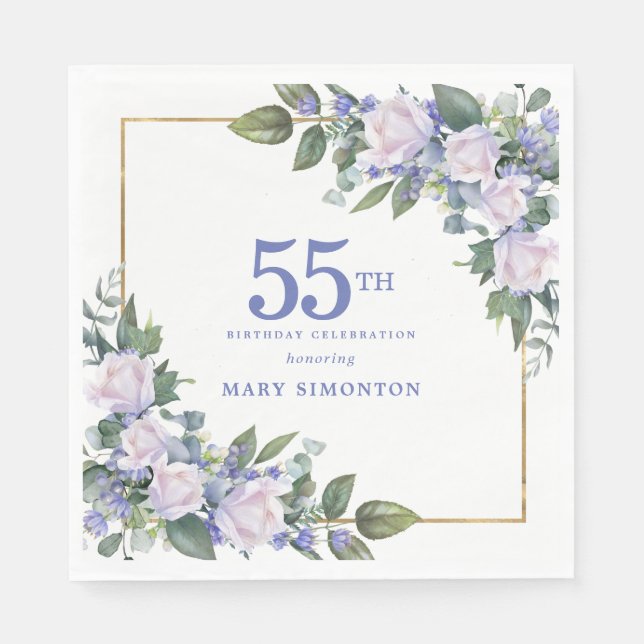 Vit Ros Blå Blommig Anpassad 55-årsfest Pappersservett (Framsidan)