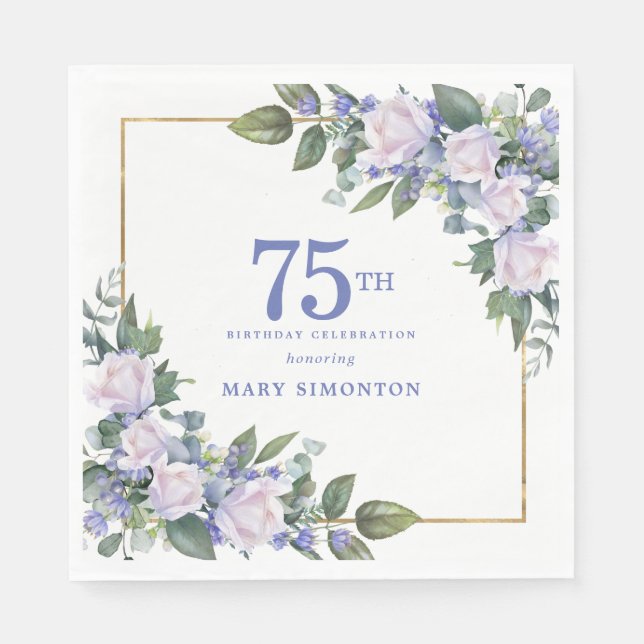 Vit Ros Blå Blommig Anpassad 75-årsfest Pappersservett (Framsidan)