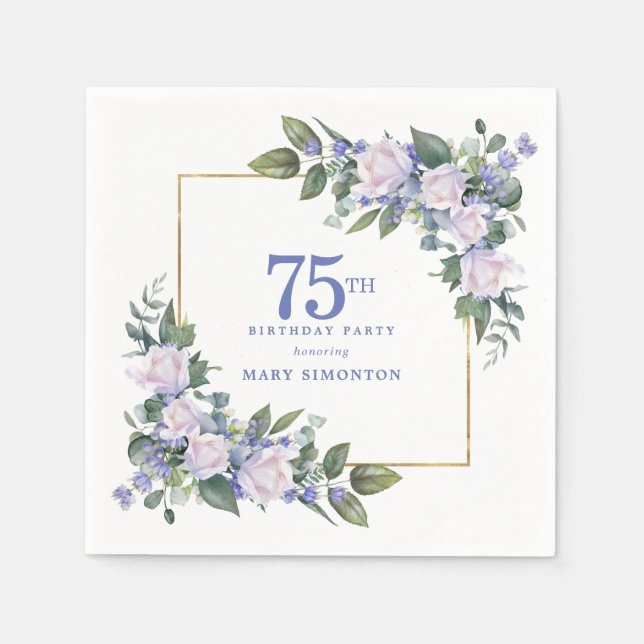 Vit Ros Blå Blommig Anpassad 75-årsfest Pappersservett (Framsidan)