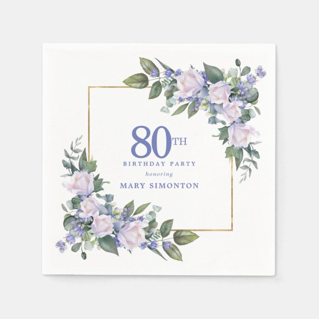 Vit ros Blå Blommig Anpassad 80-årsfest Pappersservett (Framsidan)